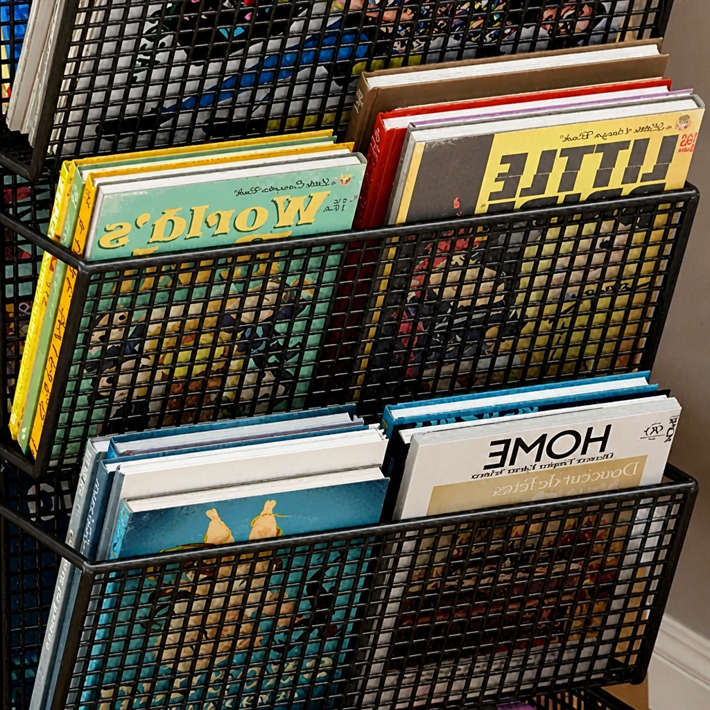 A black metal wire magazine rack filled with various books and magazines, shown in a close-up indoor setting.