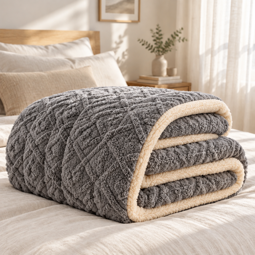 A folded grey quilted blanket with a cream sherpa lining is displayed on a bed in a softly lit bedroom setting.