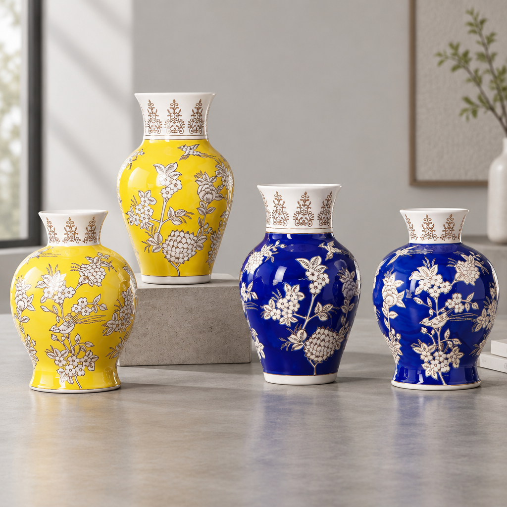 Four decorative ceramic vases with floral and fruit motifs, two in bright yellow and two in cobalt blue, with white floral patterns and white rims, displayed on a tabletop with a gray block in a modern interior setting.