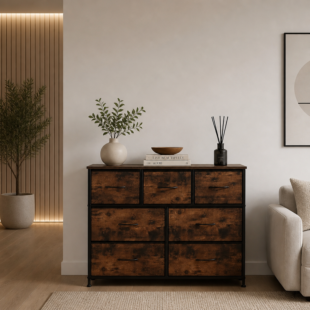 Brown 7-drawer fabric dresser with wood-tone finish.
