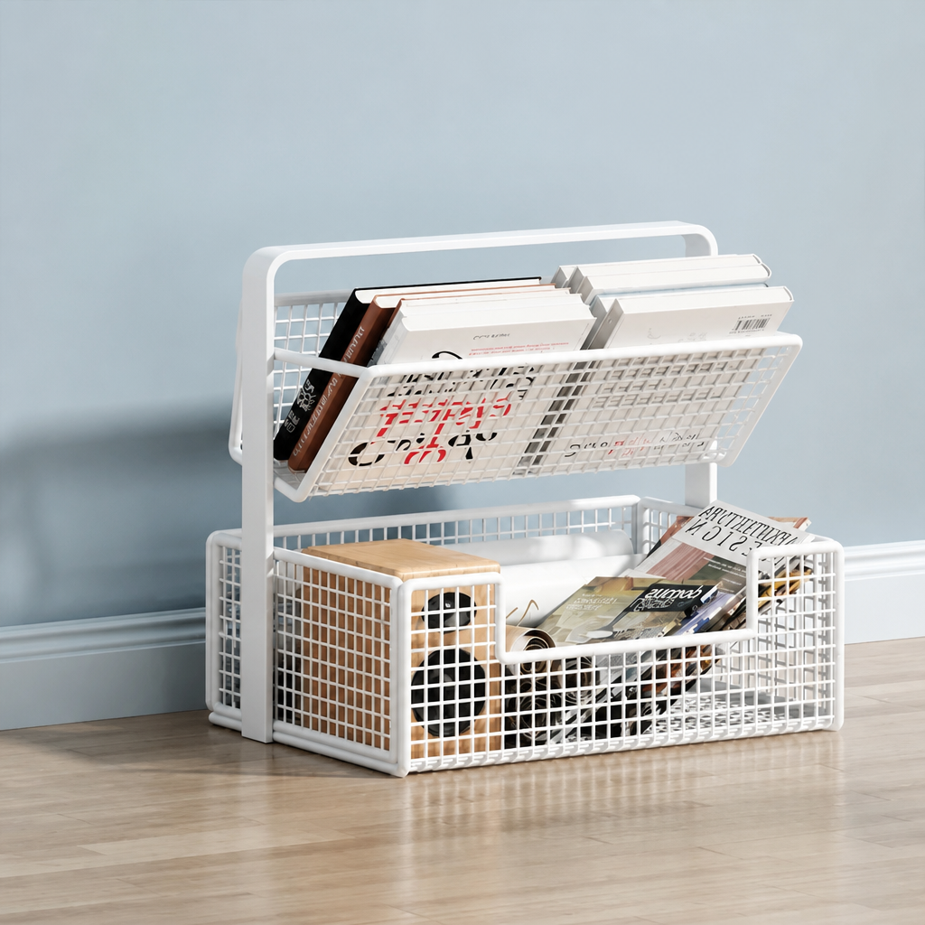 White 2-tier mesh book cart with bottom basket, 30cm