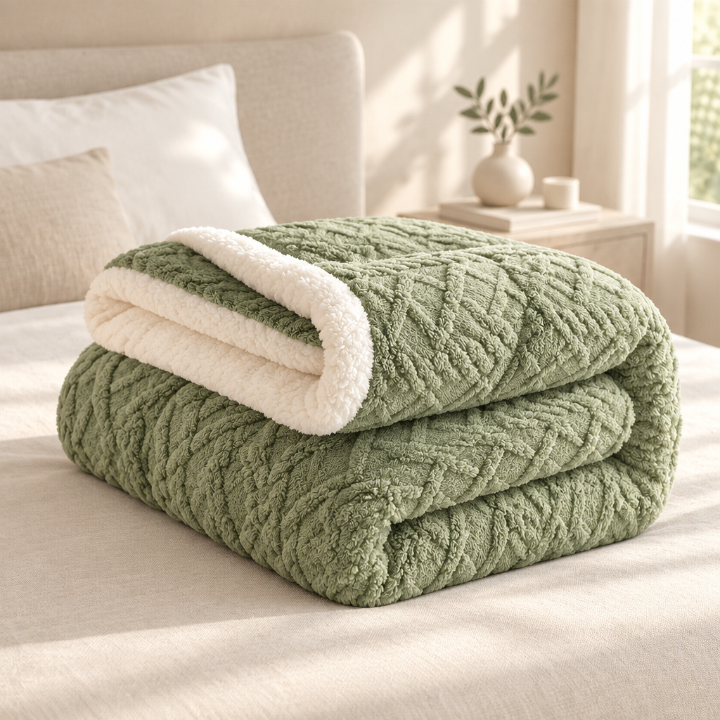 A folded sage green textured blanket with a cream sherpa lining, displayed on a beige bed in a softly lit bedroom.