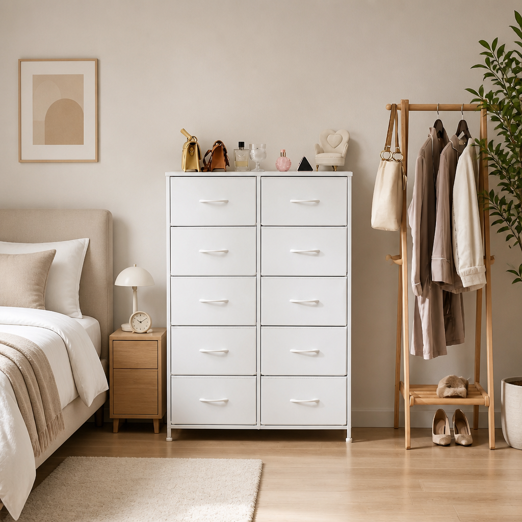 A white 10-drawer dresser in a styled bedroom setting, flanked by a wooden nightstand and a wooden clothing rack with neutral-toned bedding, shoes, and decor.