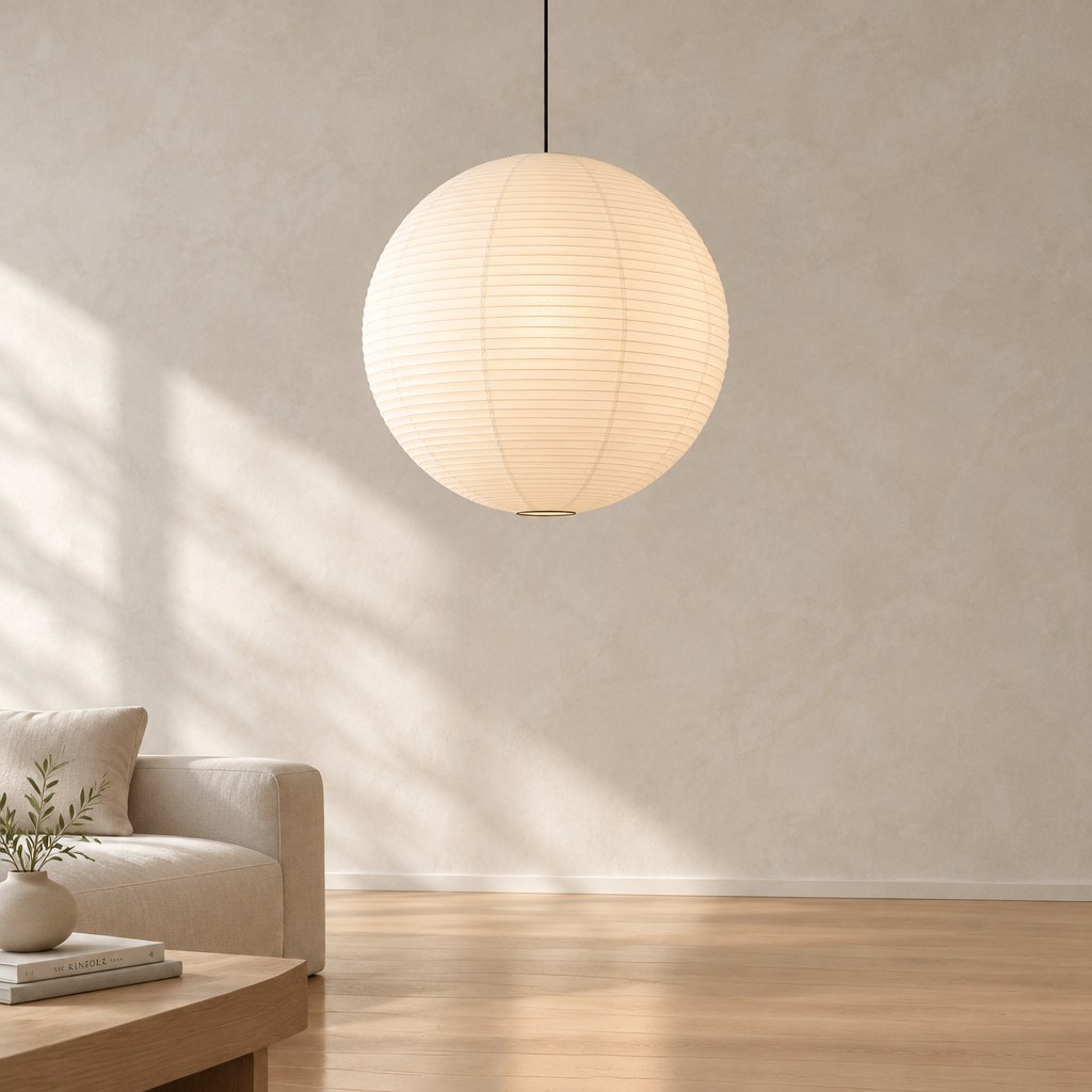 Round rice paper pendant light, 80 cm, with ribbed paper shade and 1.5 m adjustable hanging wire