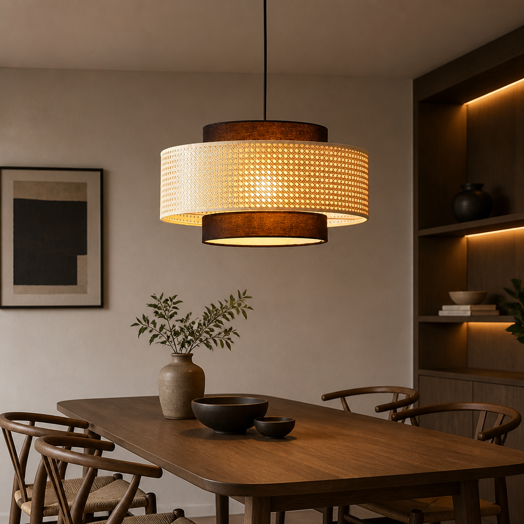 A modern two-tier pendant light with a woven beige shade and dark brown fabric bands, hanging over a wooden dining table in a warm, minimalist dining room.
