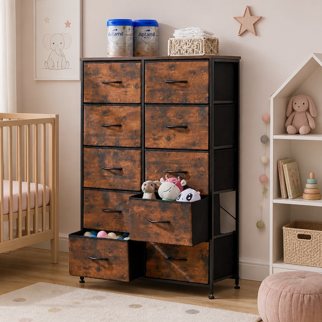 A rustic-style 10-drawer storage cabinet with a dark wood finish and black metal frame, styled in a nursery next to a crib and a white house-shaped shelf.