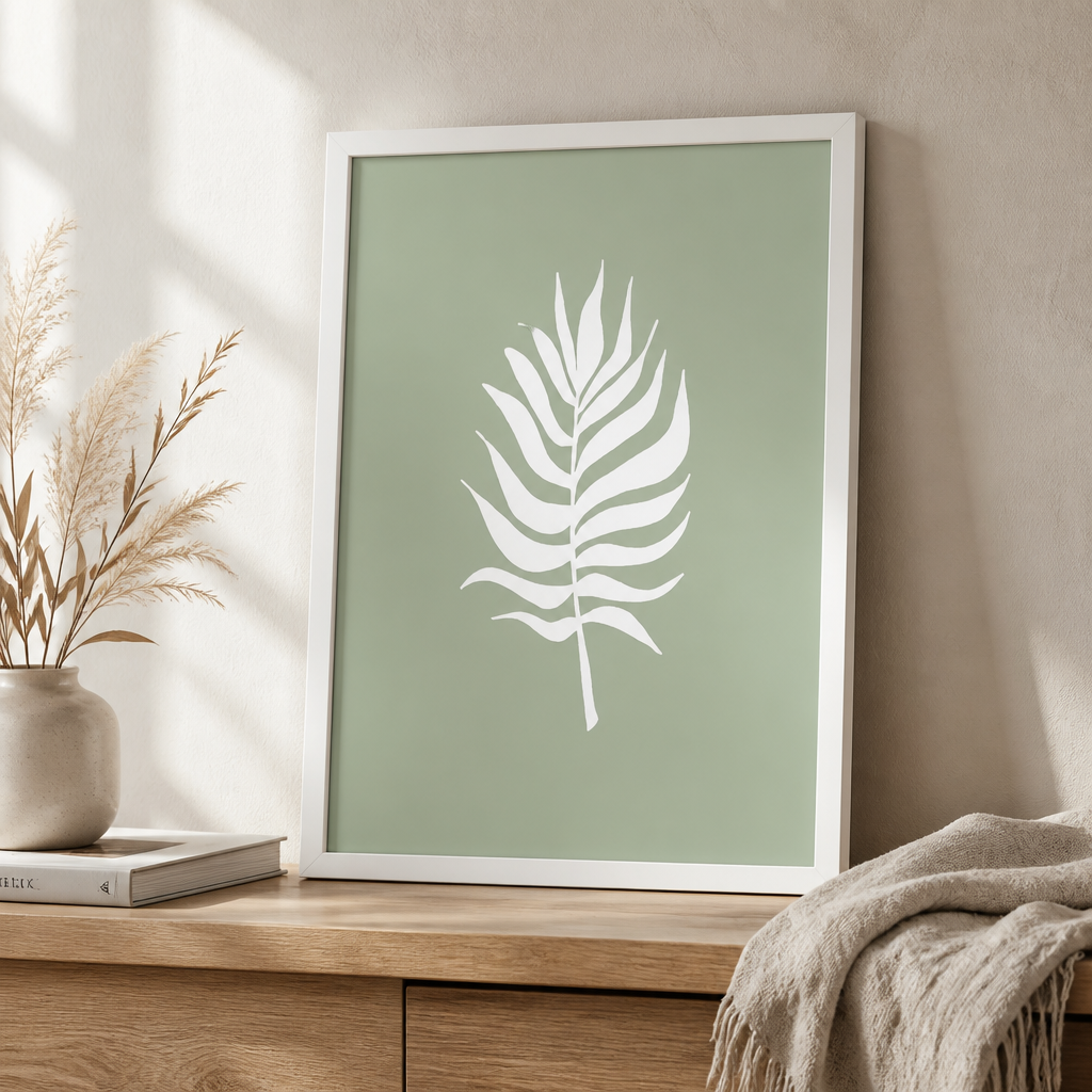 Green canvas print with a white palm leaf silhouette on a soft sage background.