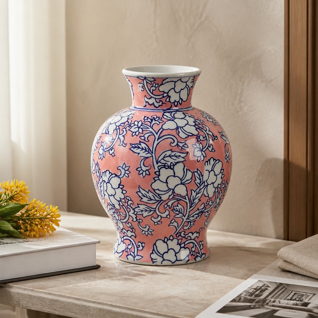 Decorative vase with floral pattern on a table