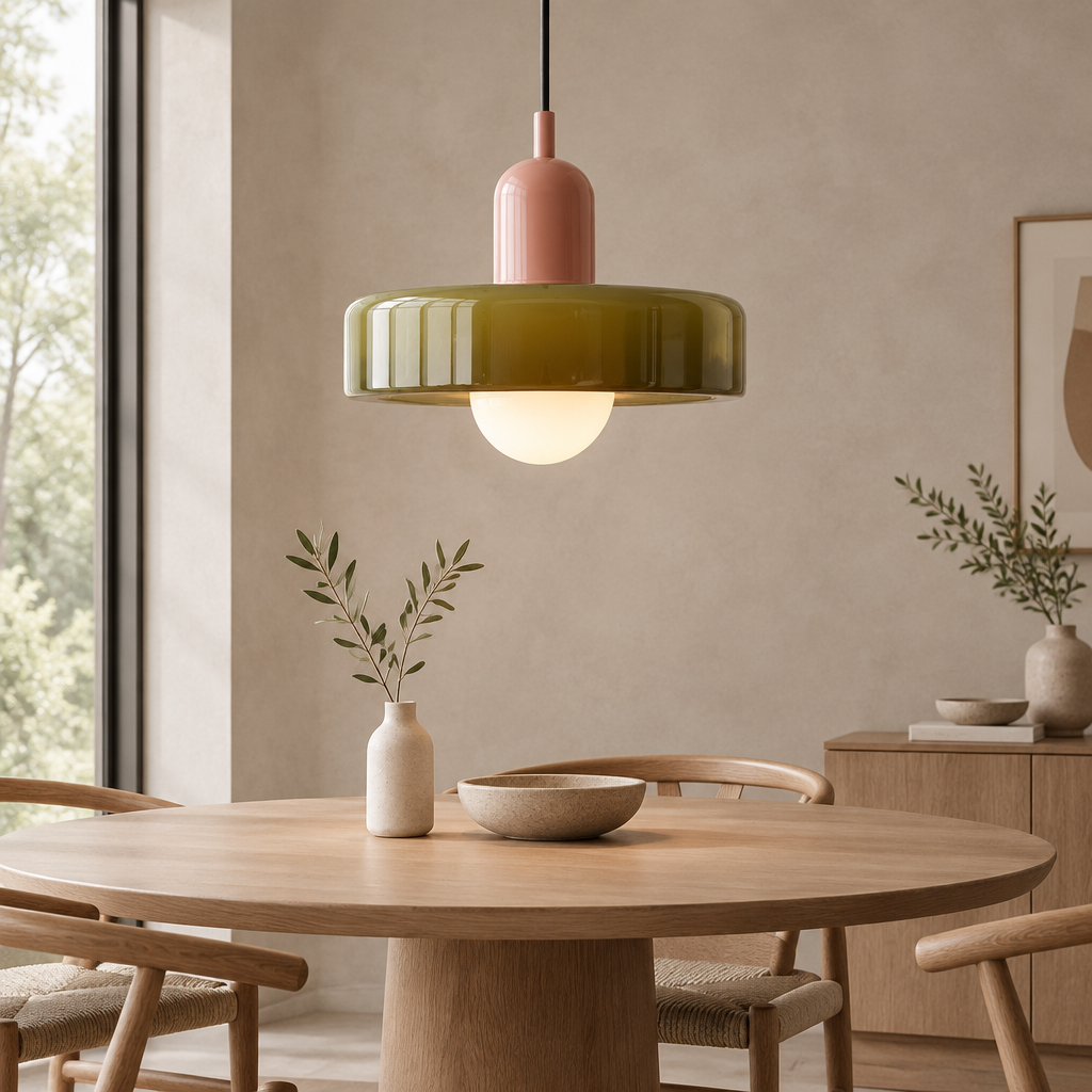 A modern pendant light with a glossy olive green shade and a pink top cap, hanging over a round wooden dining table in a warm, minimalist room.