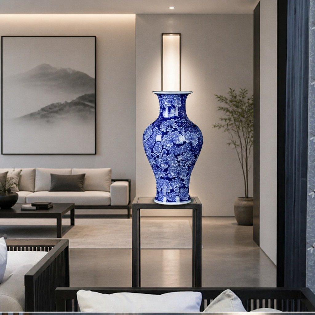 Blue and white fishtail-shaped porcelain vase with a flared rim