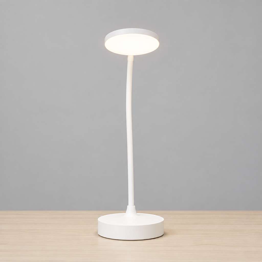 A modern white adjustable desk lamp with a circular head and round base, standing on a light wood surface against a plain gray background.
