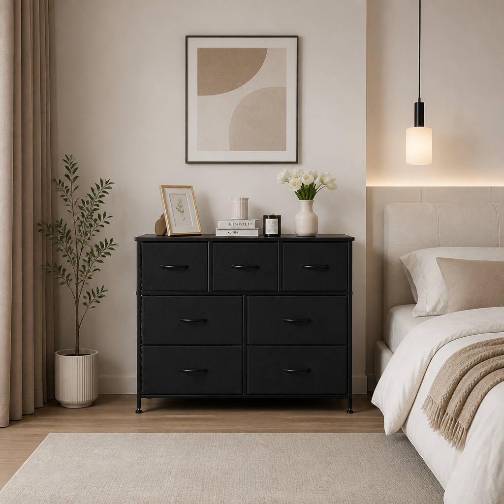 Black 7-drawer fabric dresser.