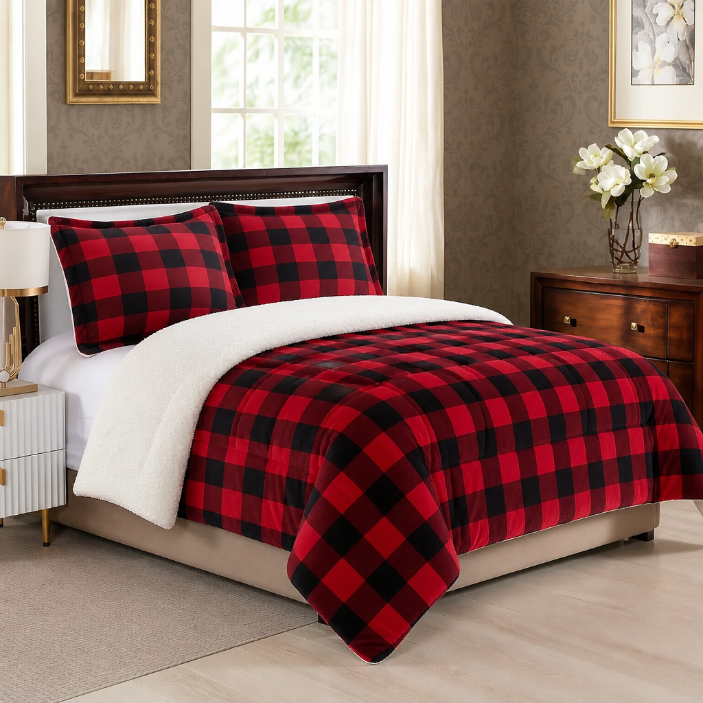 Red & Black Plaid Polyester Blanket – Soft Machine Washable Throw