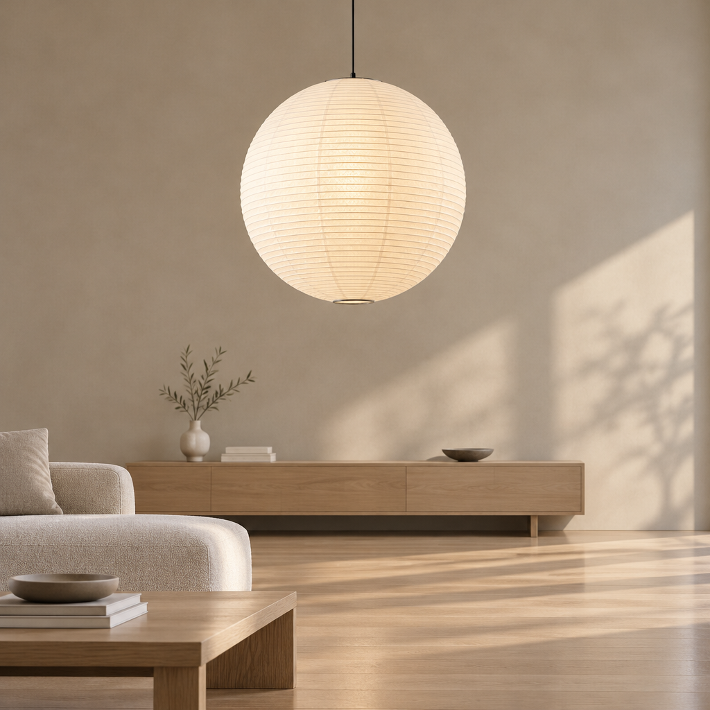 Round rice paper pendant light, 60 cm, with ribbed paper shade and 1.5 m adjustable hanging wire