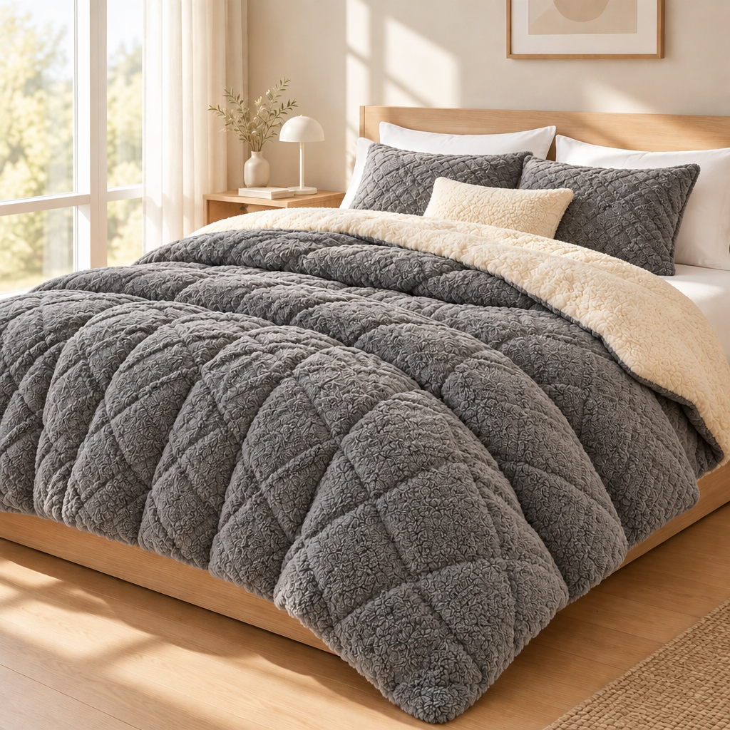 A cosy grey quilted comforter with a soft cream sherpa lining, styled on a wooden bed with matching gray and cream pillows in a bright, sunlit bedroom.