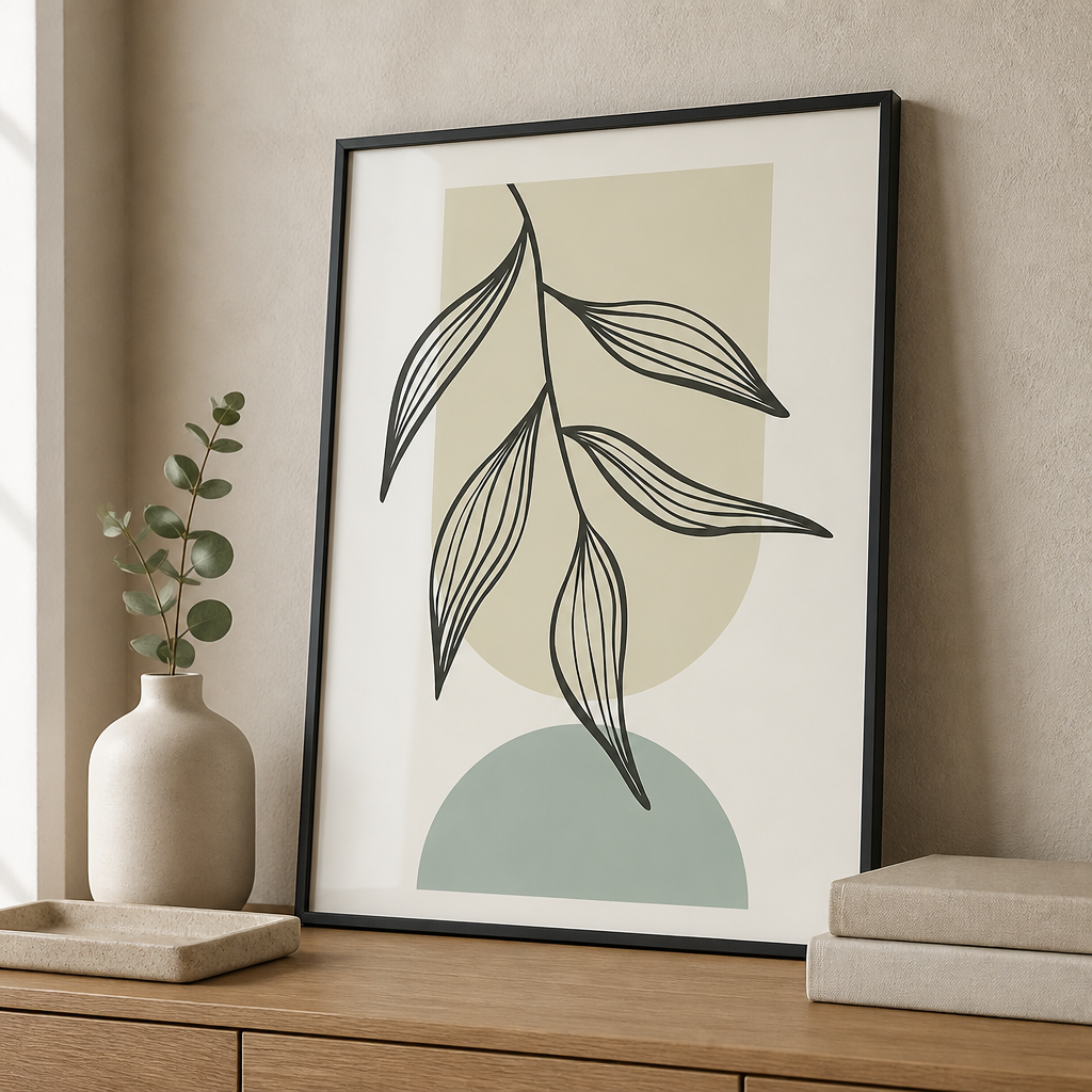 Minimal leaf line art canvas print with green and beige abstract background shapes.