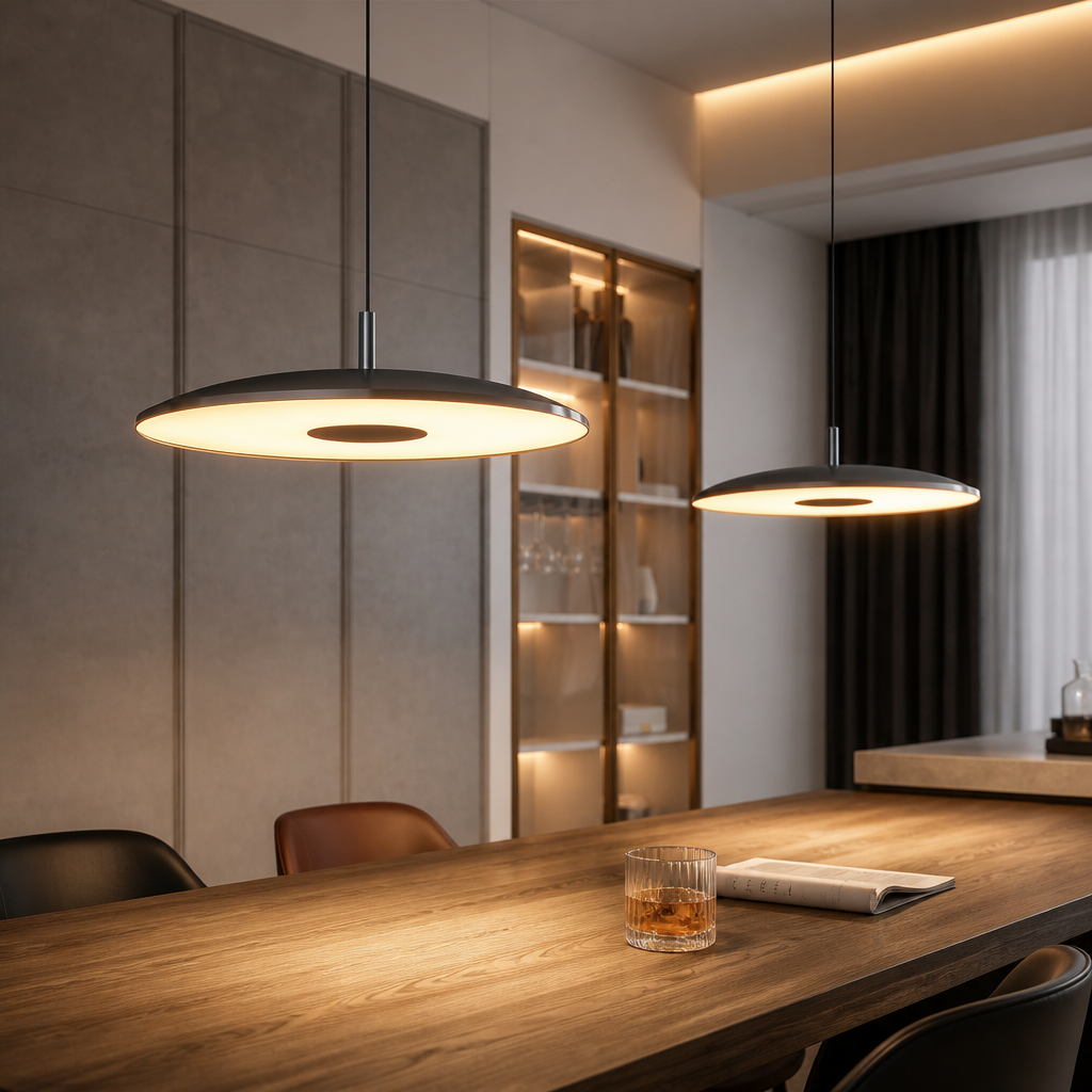 Modern dining room with pendant lights, wooden table, and glass of whiskey.