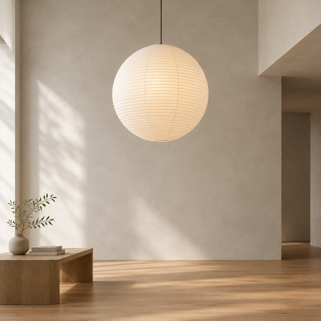 Round rice paper pendant light, 50 cm, with ribbed paper shade and 1.5 m adjustable hanging wire