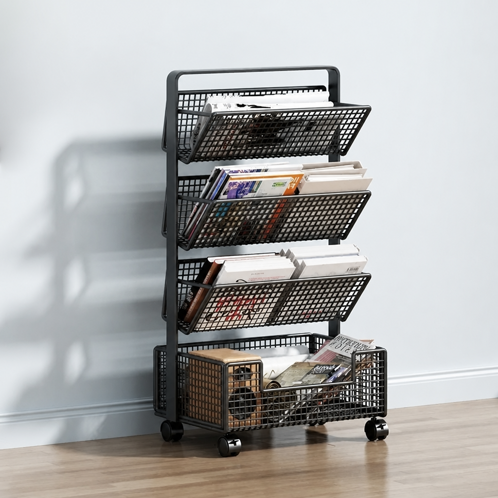 Black 4-tier mesh book cart on wheels, 65cm