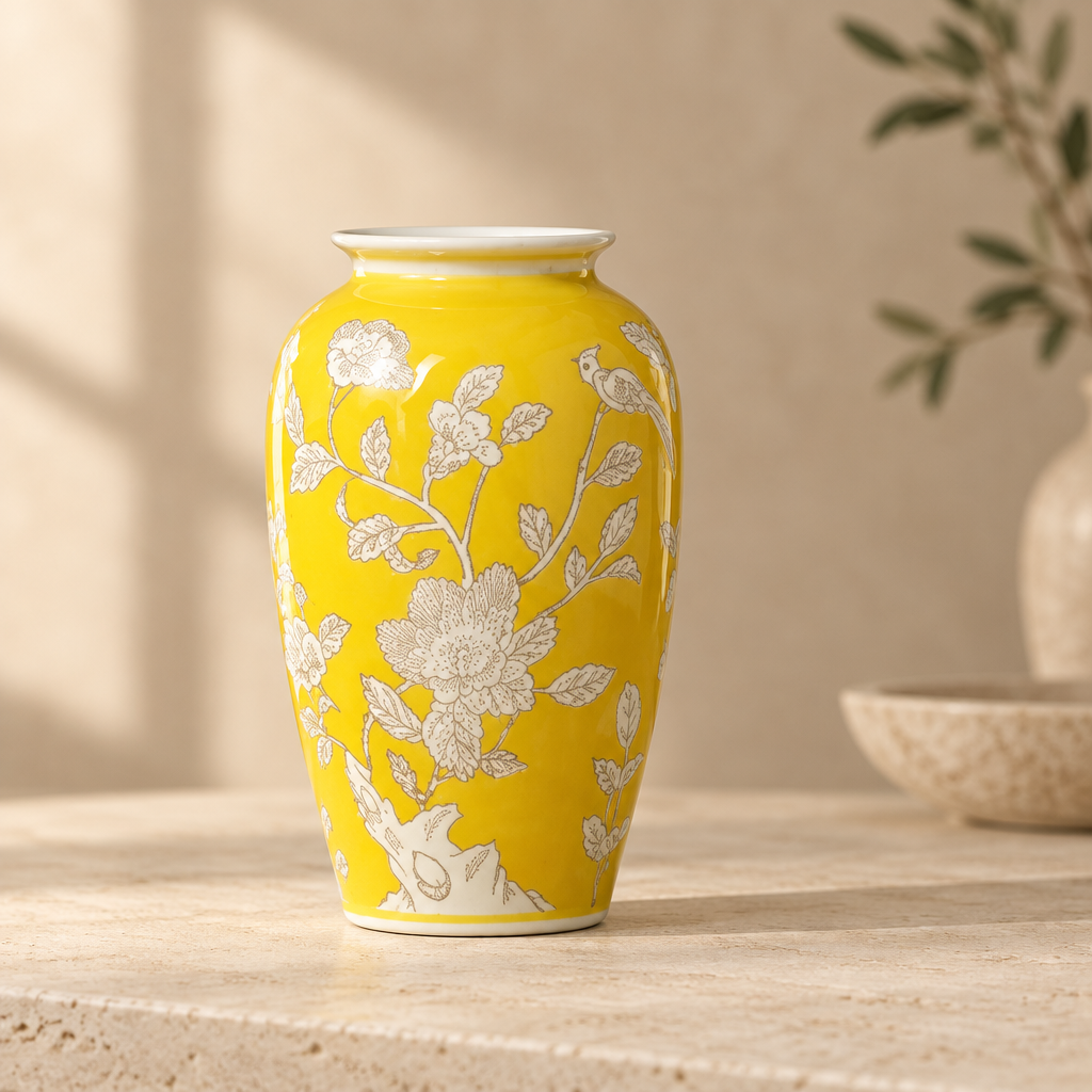Yellow porcelain vase with cream floral and bird design, 27cm tall.
