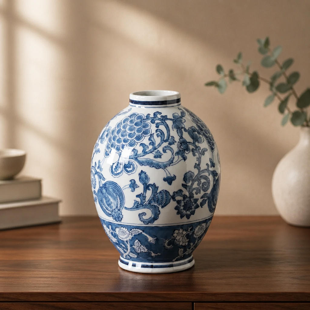 Blue and white ceramic vase on a wooden surface with a blurred background