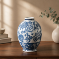 Blue and white ceramic vase on a wooden surface with a blurred background