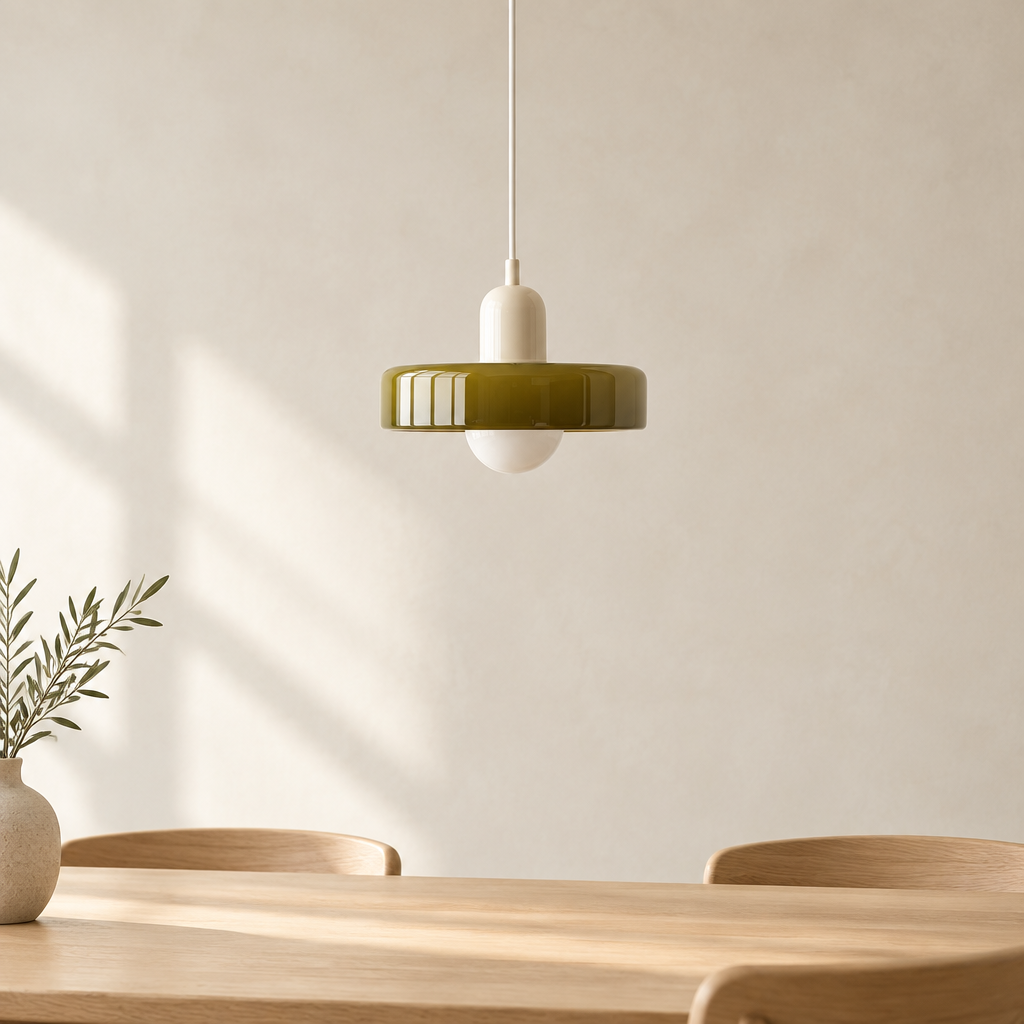An olive green and white pendant light hanging above a wooden dining table with chairs in a minimalist room.