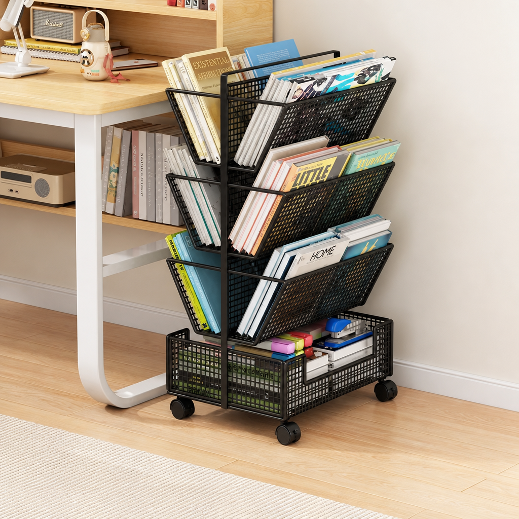 Black 4-tier mesh book cart on wheels, 65cm