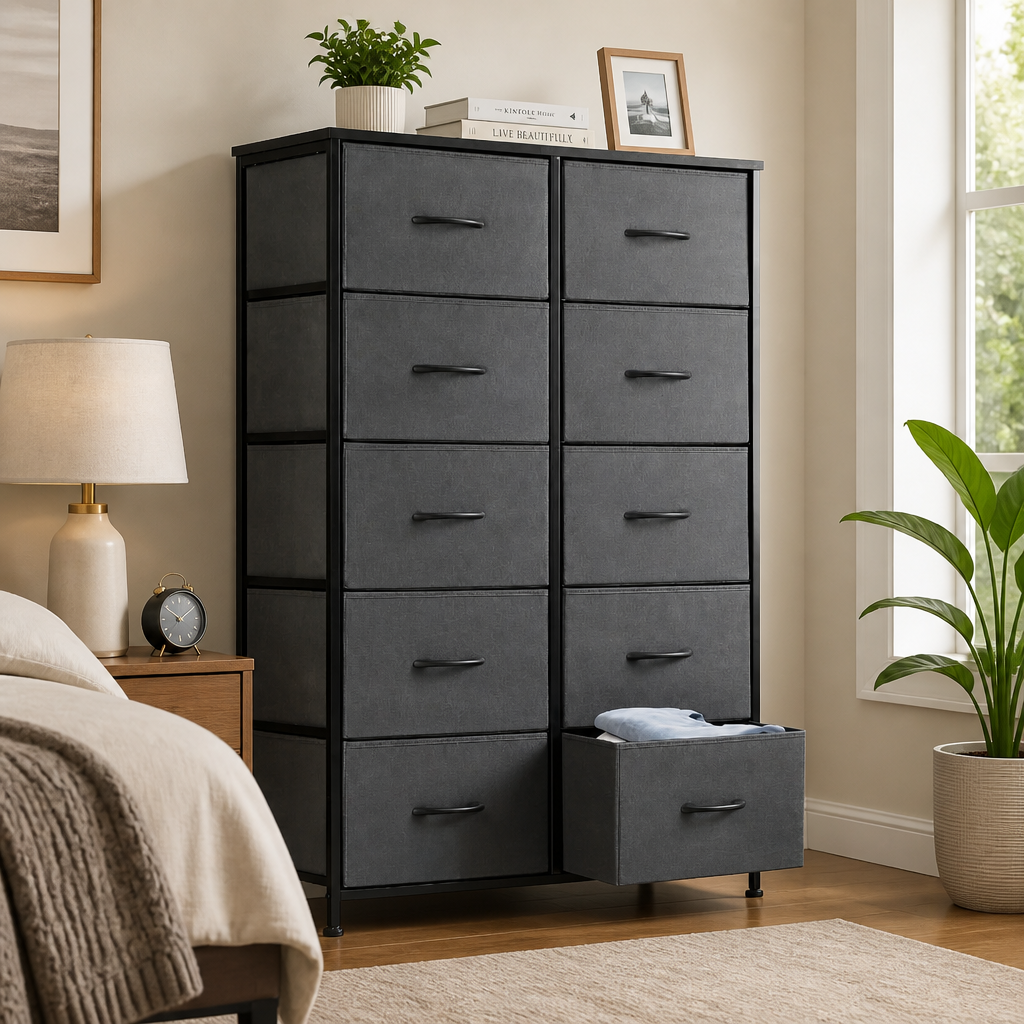 A tall dark grey fabric dresser with multiple drawers and a pull-out bottom drawer, shown in a styled bedroom setting next to a bed and window.