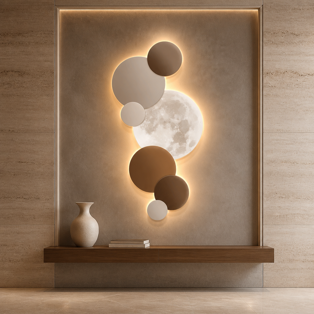 Terracotta and taupe moon wall light illuminating a hallway entrance
