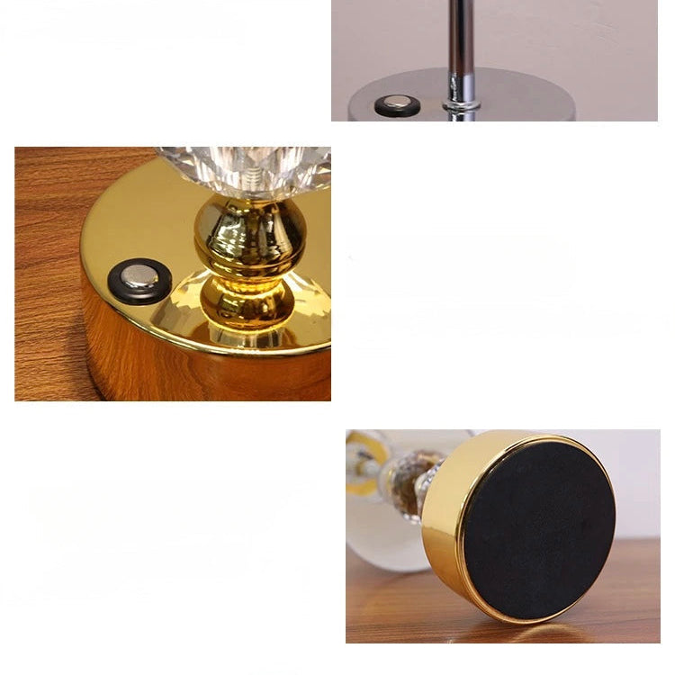 Detailed collage of white shade, metal stem, gold switch base, and lamp underside