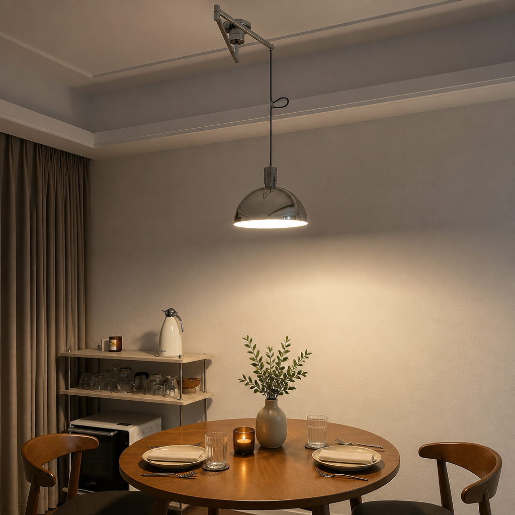 Polished chrome dome pendant light with adjustable metal arm