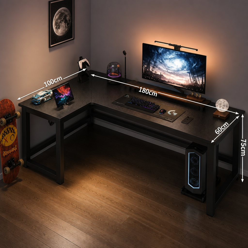 Gaming desk setup with computer equipment and measurements in a room.