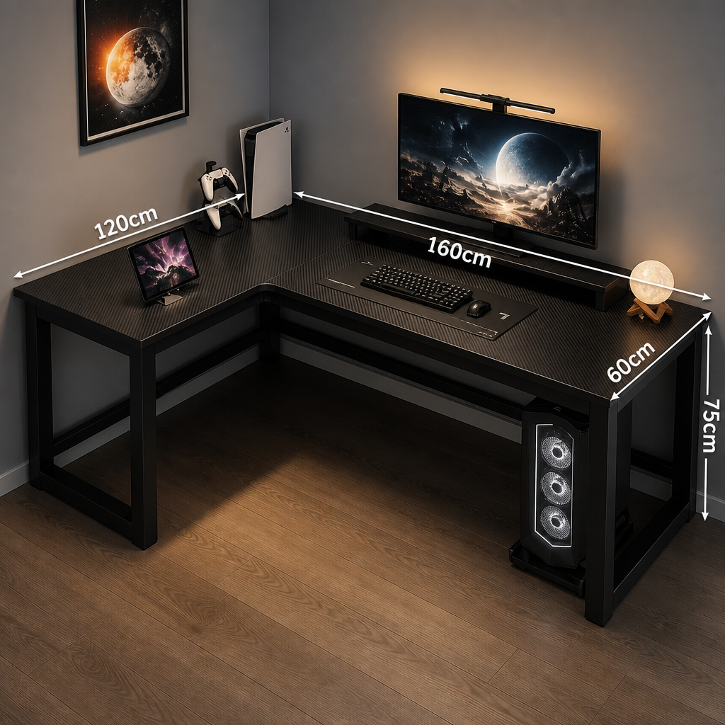 Black L-shaped computer desk with measurements, monitor, keyboard, and speakers in a room.