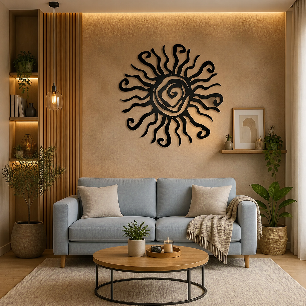 A styled living room featuring a light blue fabric sofa, a round wooden coffee table, and a large black metal sun wall art piece mounted on a textured beige wall.