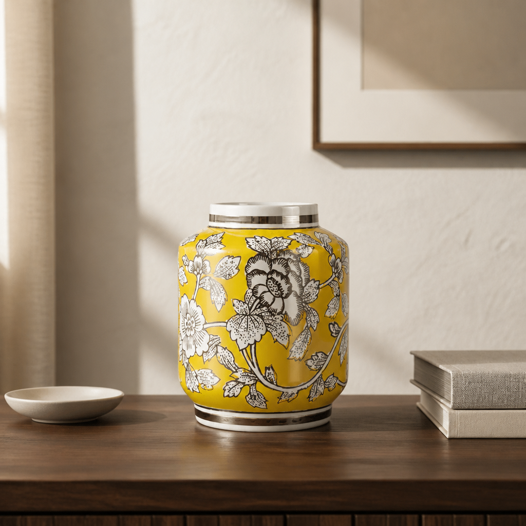 Yellow ceramic jar with floral design on a wooden surface