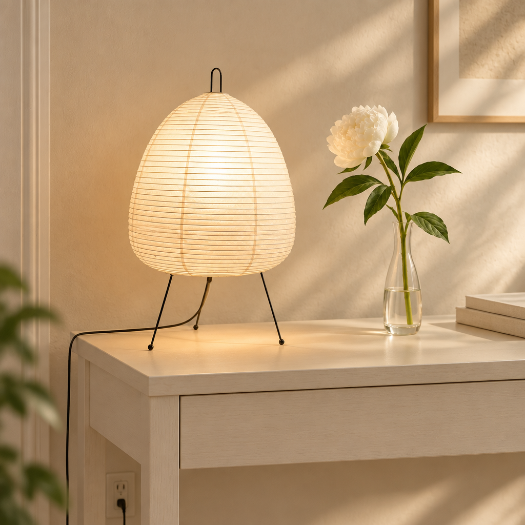 Small egg-shaped rice paper lamp on a slim metal tripod base, 47cm tall and 28cm wide.