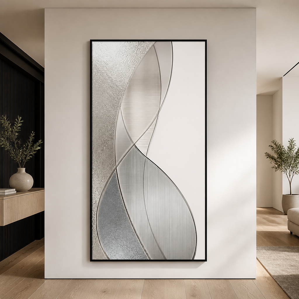 Twisting silver and white LED wall lamp on a feature wall