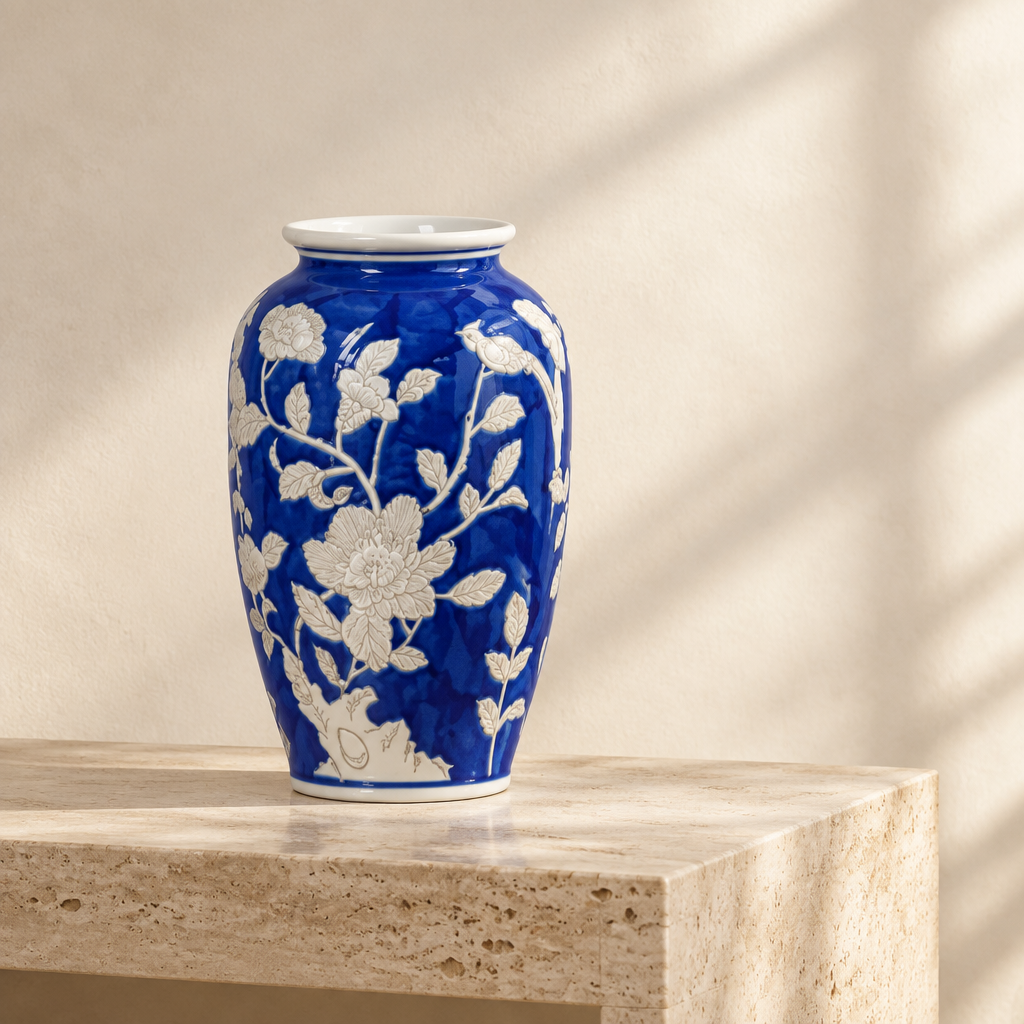 Blue porcelain vase with cream floral and bird design, 27cm tall.