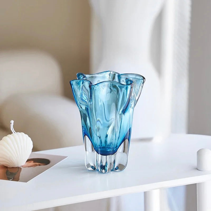 Blue Ripple Glass Vase – Sculptural Modern Decorative Flower Vase