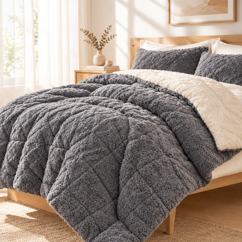 A cosy bed dressed in a plush quilted grey comforter with matching pillows and a cream sherpa underside, styled in a bright, sunlit bedroom.