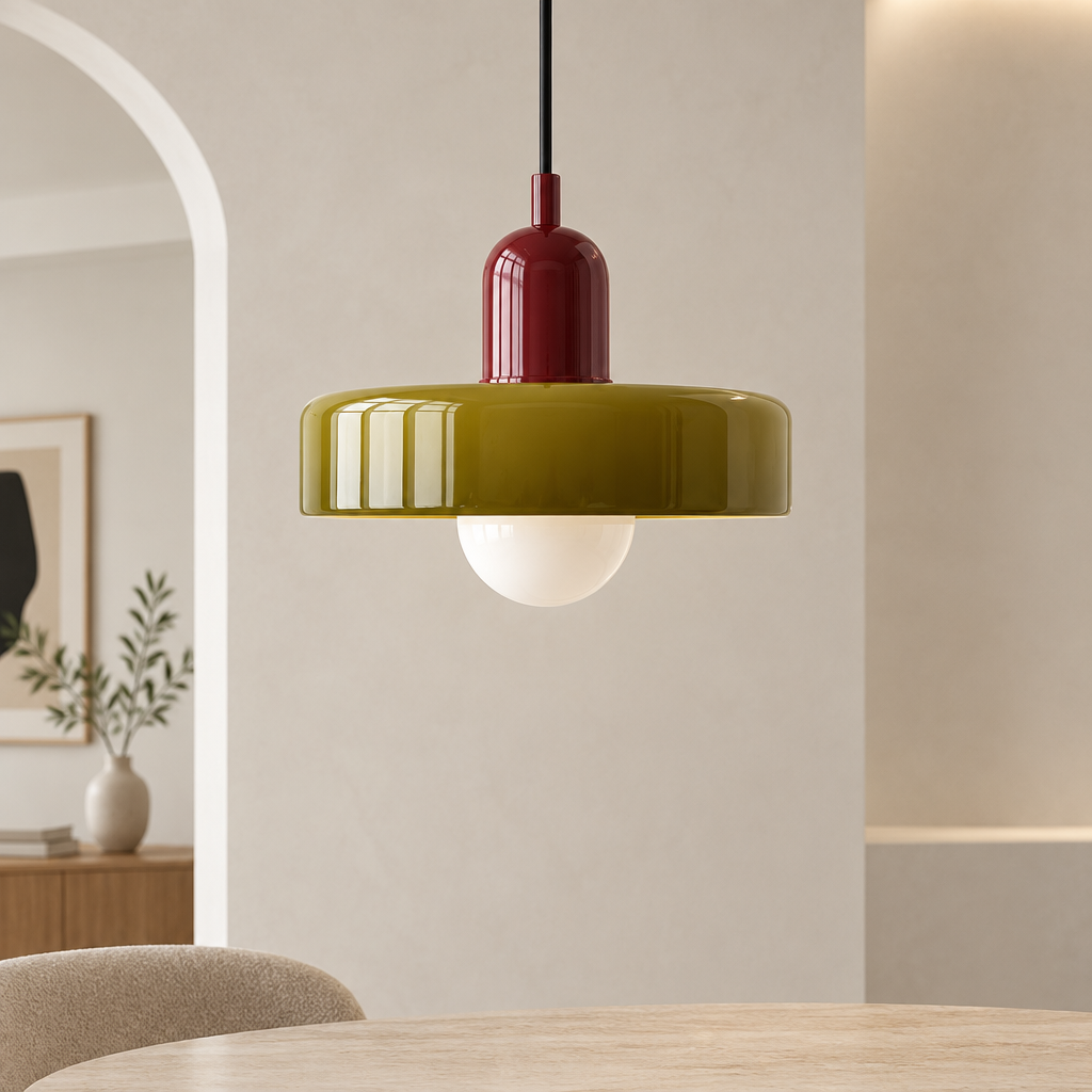 A modern pendant light with a glossy olive green circular shade, a deep red cylindrical neck, and a white frosted globe bulb, hanging in a minimalist dining room setting.