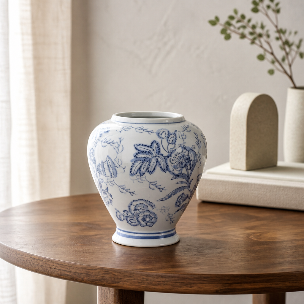 Blue and white floral-patterned vase on a wooden table with a neutral background