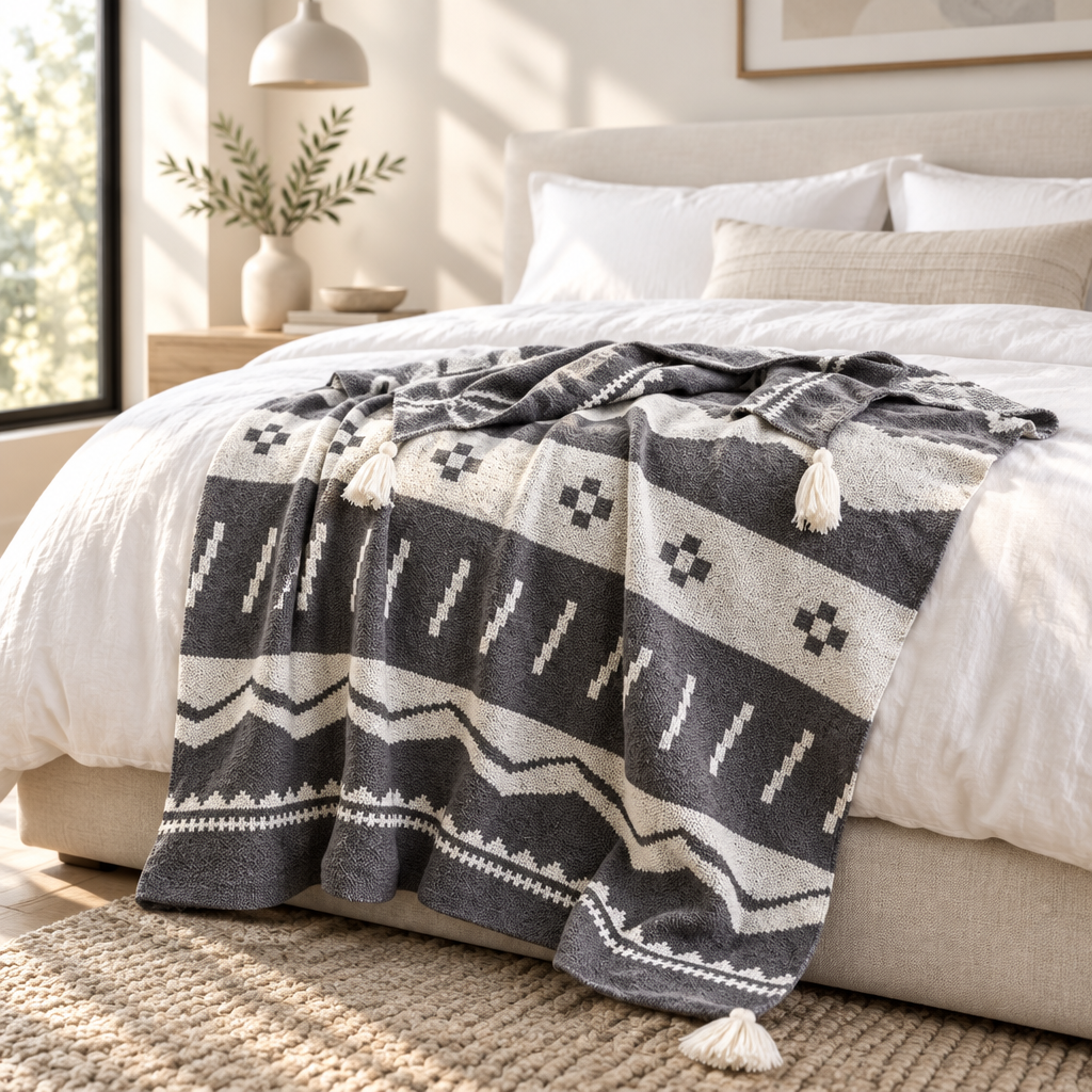 A woven throw blanket with a dark gray and cream geometric pattern and tassels, draped over a bed in a bright, modern bedroom.