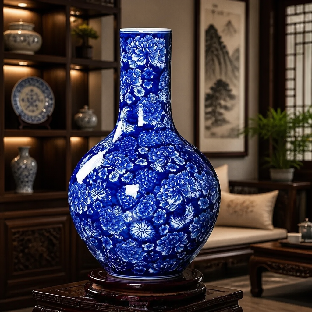 Blue and white globe-shaped porcelain vase with a floral pattern 