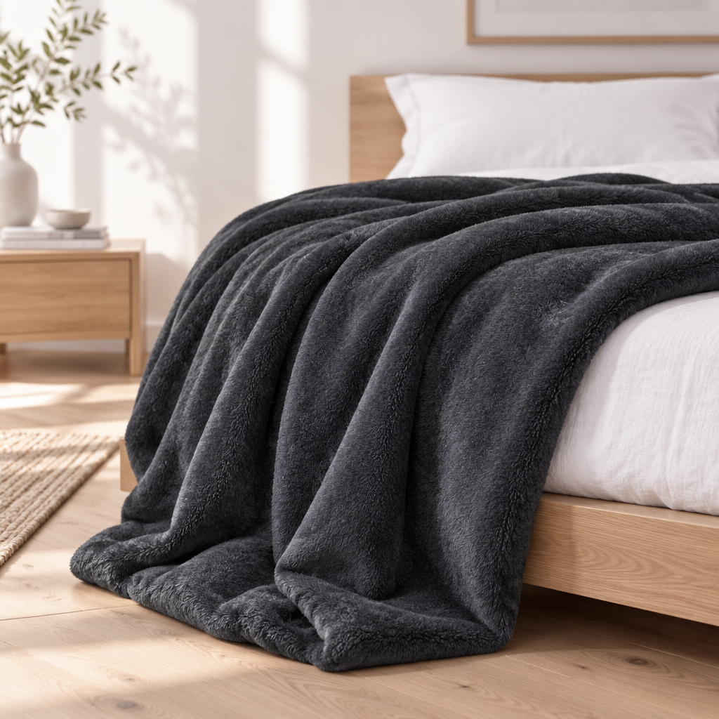 Black plush blanket folded in a neat stack on a bed