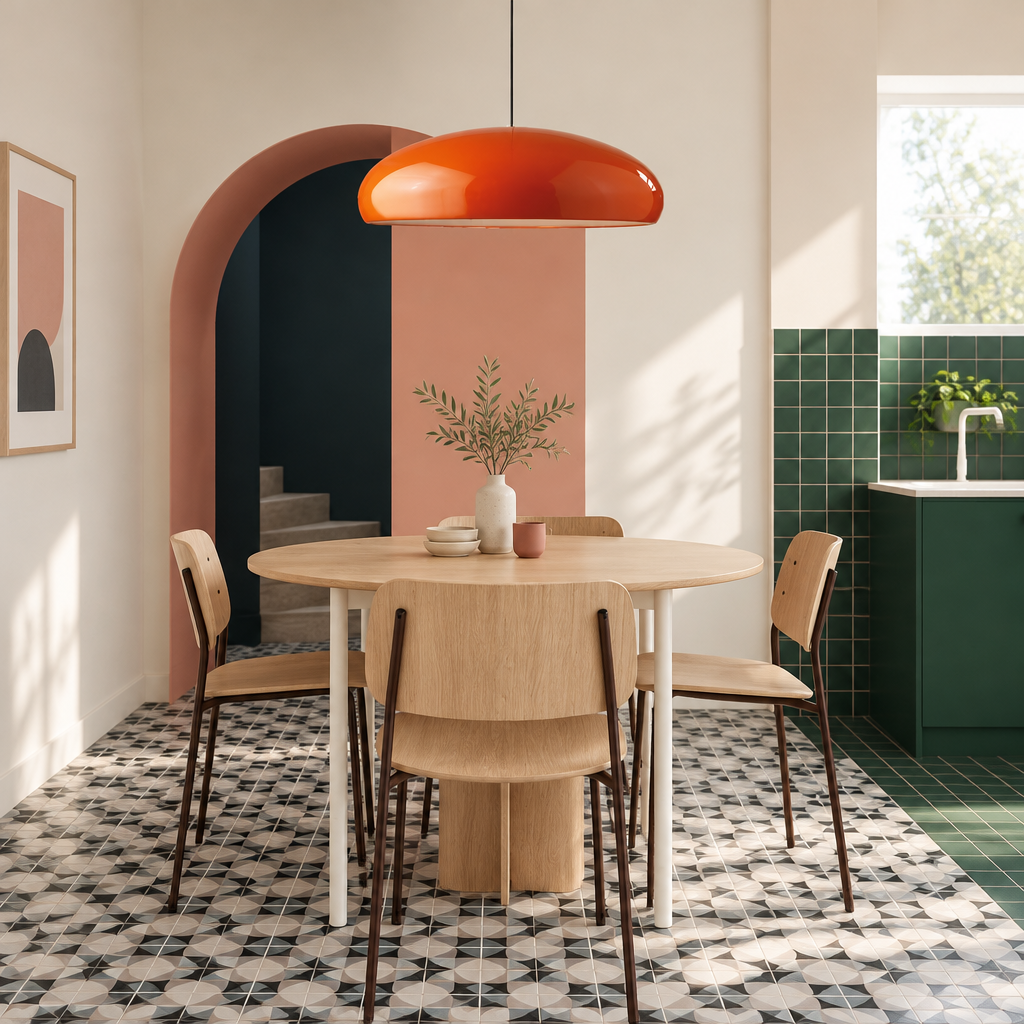 A modern dining room scene with a round light wood table, four light wood chairs with dark metal legs, a bright orange dome pendant light overhead, patterned black-and-white floor tiles, and a green-tiled kitchen area in the background.