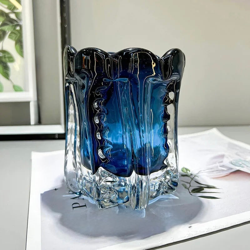 Deep blue sculpted glass vase, large, 15cm height, 12cm width