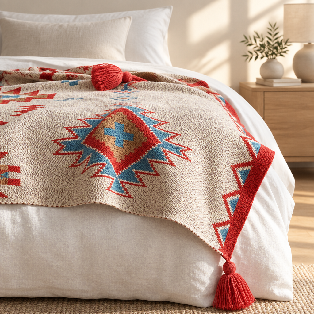 A woven throw blanket with a Southwestern geometric pattern in red, blue, and beige, draped over a white bed in a warm, sunlit bedroom setting.