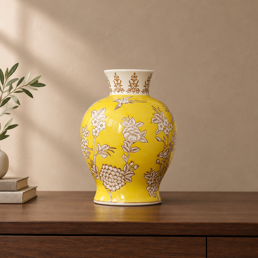 Yellow porcelain vase with flared patterned neck and floral design, 23cm tall.